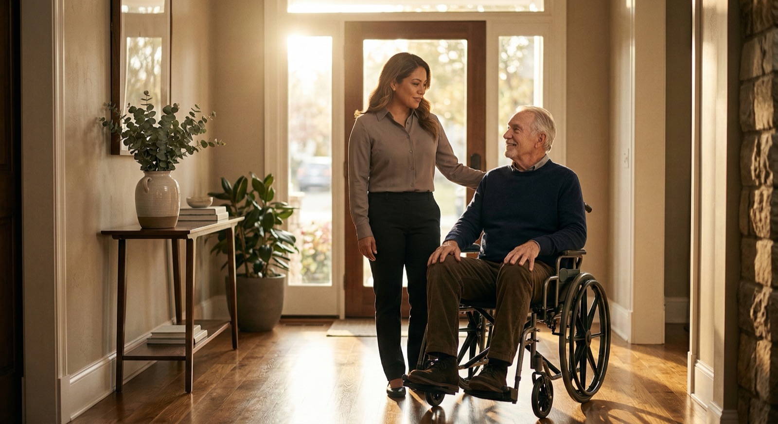 Caregiver standing with an older man in a wheelchair