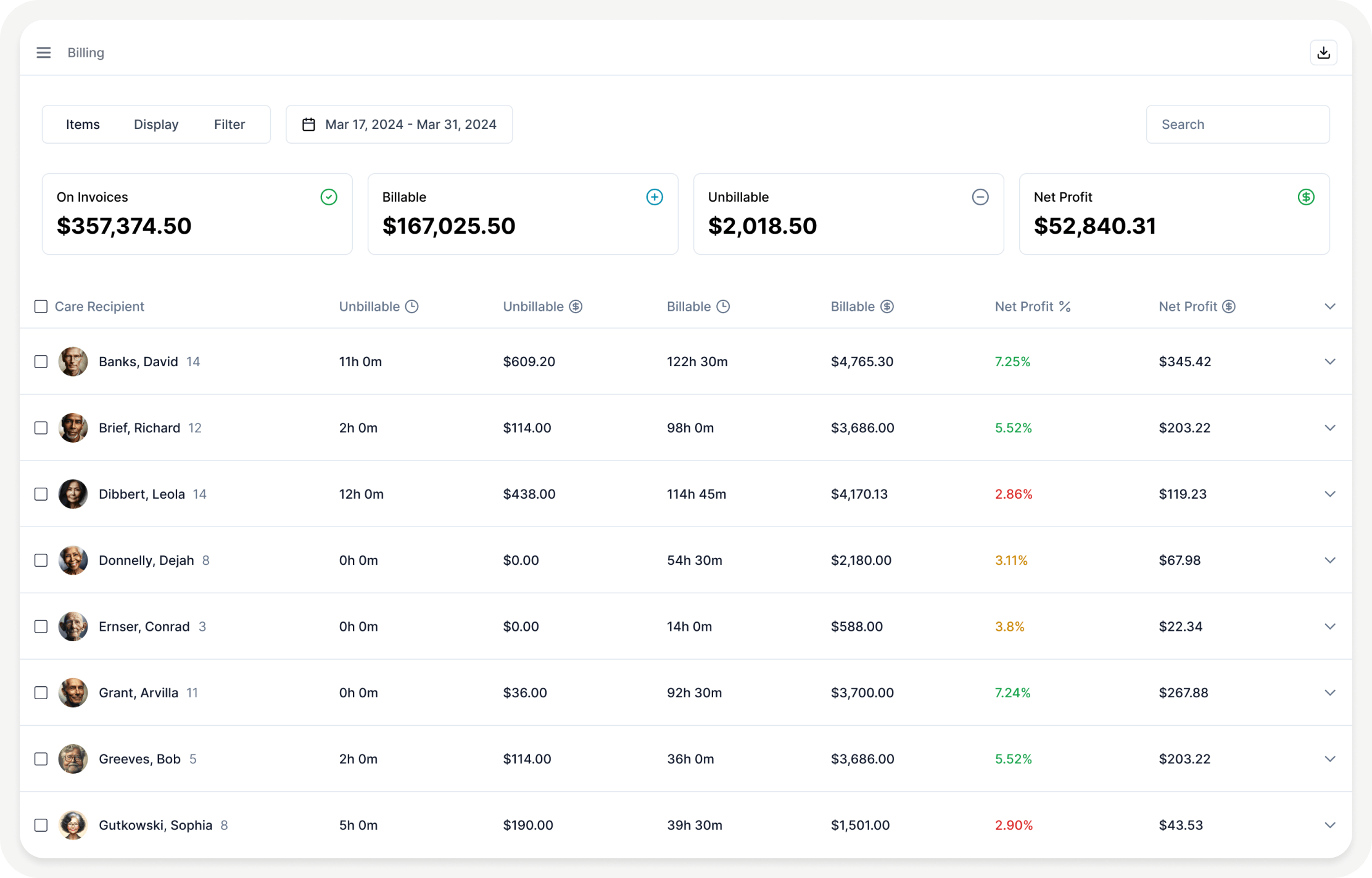 Billing data table