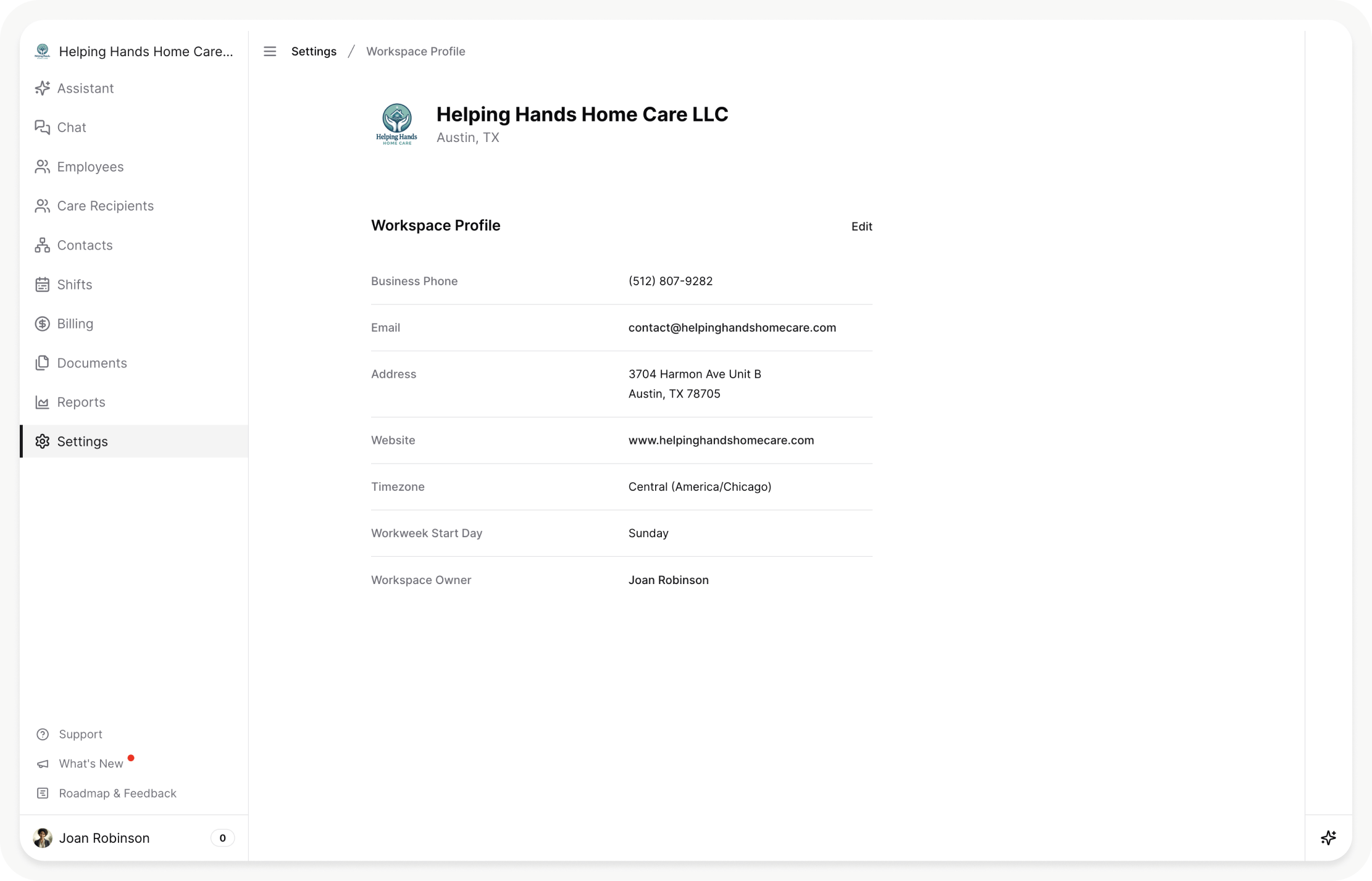 Workspace profile settings