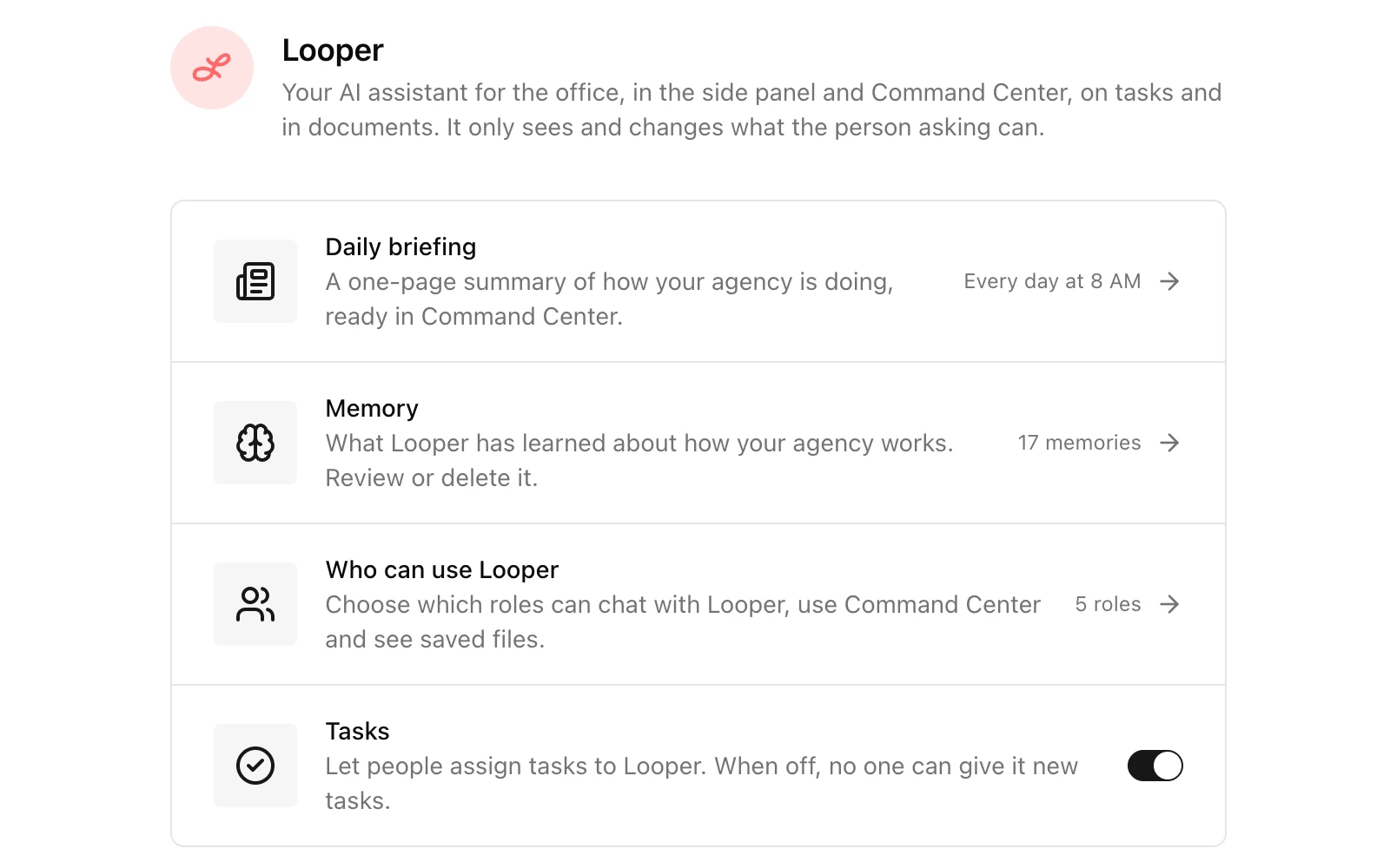 Looper settings: the daily briefing, memory, who can use Looper, and tasks