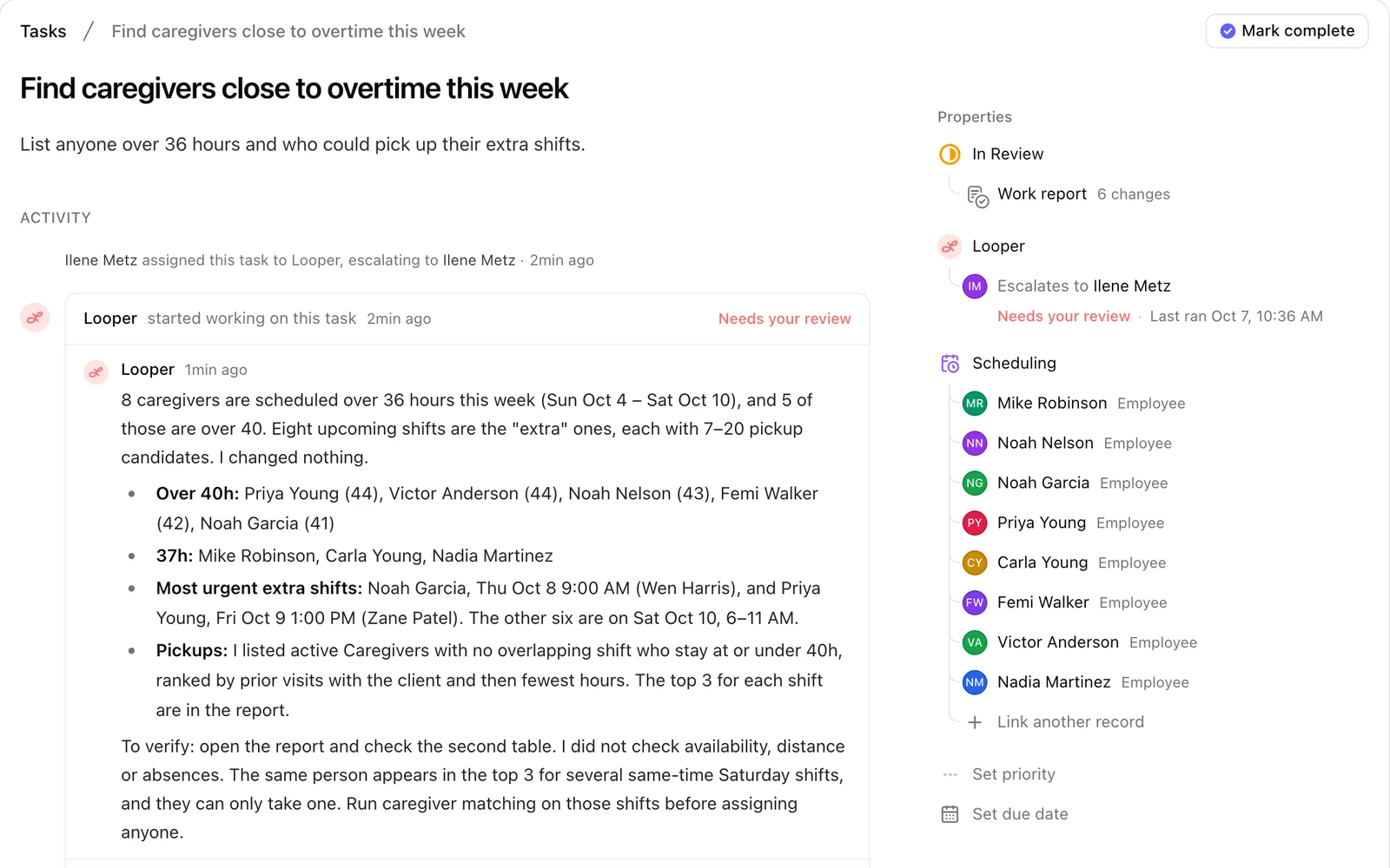 A task Looper finished: eight caregivers over 36 hours this week, waiting for review